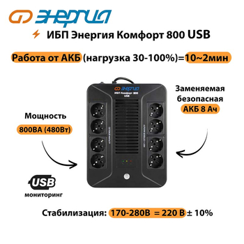 ИБП Комфорт 800 USB Энергия - ИБП и АКБ - Энергия ИБП Комфорт - . Магазин оборудования для автономного и резервного электропитания Ekosolar.ru в Королёве